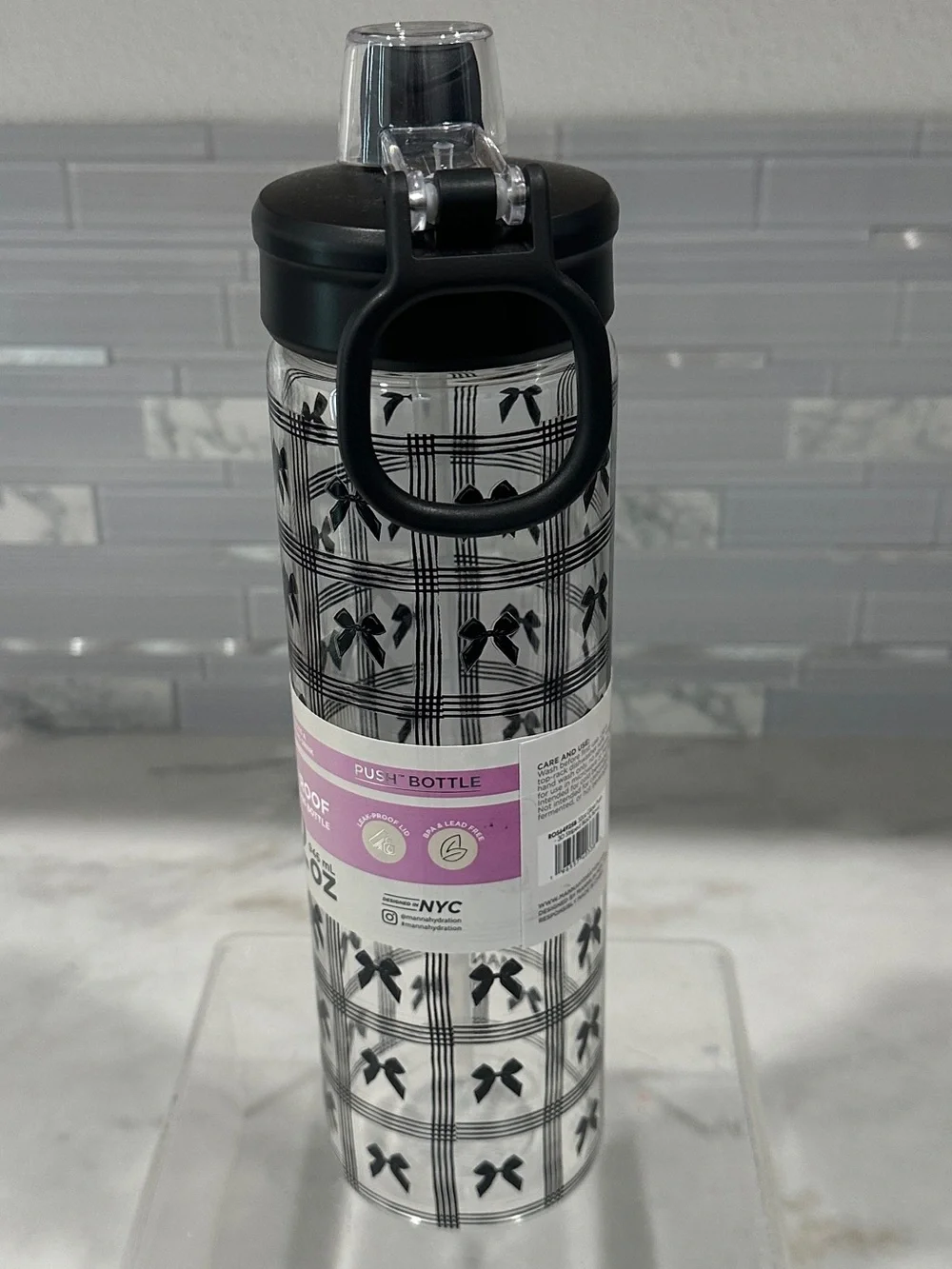 Glass Push 32 oz Reusable Leak-Proof Glass Water Bottle - Black Bow Pattern